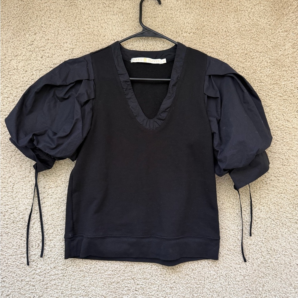 Marie Oliver Viva Popover Top in Black with Puff Sleeves XS